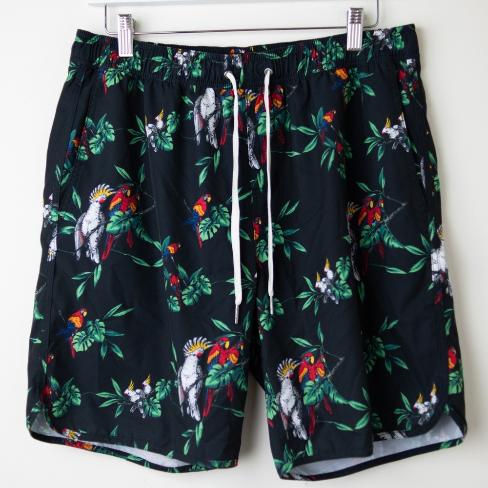 Fair Harbor Anchor Swim Trunks Mens Large Black Parrot Party BreezeKnit Liner